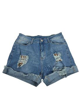 Distressed Denim Shorts Large Womens Blue Mid-Rise Stretchy Ripped Fringed Casua